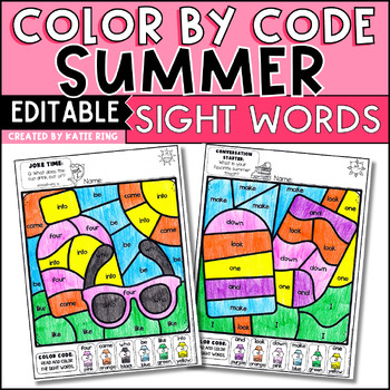 Preview of Editable Summer Color by Code Worksheets Sight Word Practice Activities