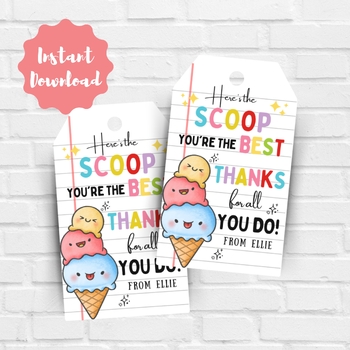 Preview of Editable Summer Ice Cream Teacher Appreciation Tag Kids End Of School Year Tag