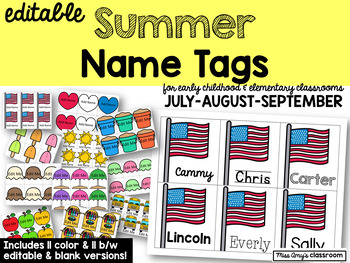 Preview of Editable Summer Name Tags for Early Childhood- July, August, September