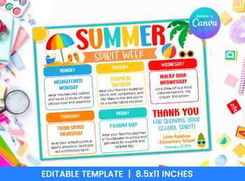 Preview of Editable Summer Spirit Week Flyer - Weekly Planner - School Announcements
