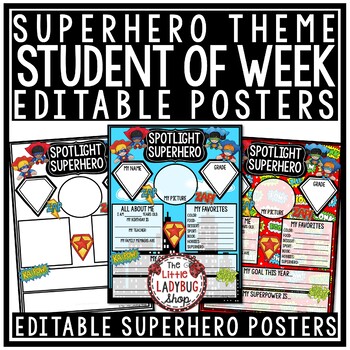 Preview of Editable Superhero Theme Back to School Decor Student of the Week Posters 