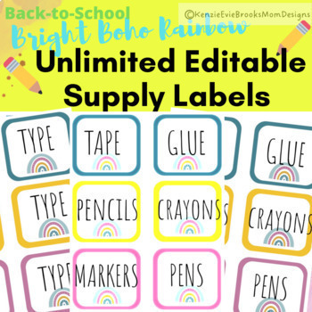 Preview of Editable Supply Labels Bright Boho Rainbow Theme