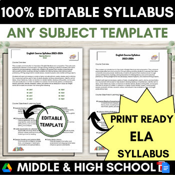 Preview of Editable Syllabus Template Middle High School English | Any Subject | 2024-2025