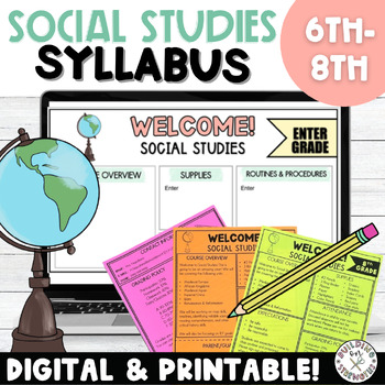Preview of Digital and Printable Middle School Social Studies Syllabus Editable Templates