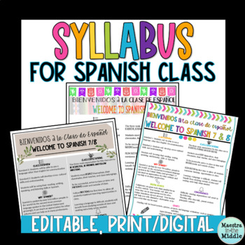 Preview of Editable Syllabus for Spanish Class Print and Digital