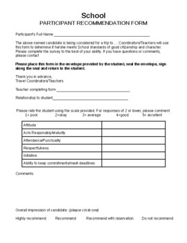 Preview of Participant Recommendation Form:Teachers allow Students to attend trips/events