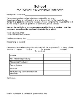 Preview of Teacher recommendation 1 page form for students to attend trips &events-editable