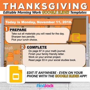 Preview of Editable THANKSGIVING Morning Work GOOGLE SLIDES Templates