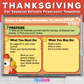 Preview of Editable THANKSGIVING Owl Themed Morning Work PowerPoint Templates