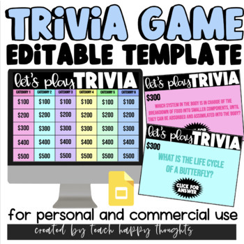Preview of Editable TRIVIA "Jeopardy" Style Game Template Commercial Personal Slides Engage