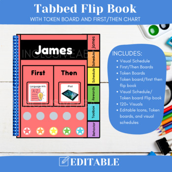Preview of Editable Tabbed Special Education Flipbook, Visual Schedule, Token Board