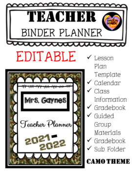 Preview of Editable Teacher Binder Planner Camouflage Themed