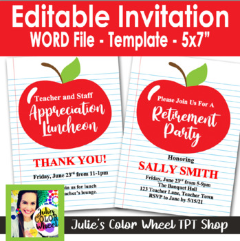 Preview of Editable Teacher Invitation Retirement Appreciation Luncheon Thank You