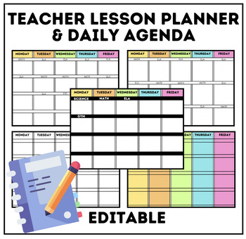 Preview of Editable Teacher Lesson Planner | Daily Agenda & Substitute Plans