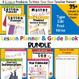 Editable Teacher Lesson Planner & Grade Book Planner Bundl