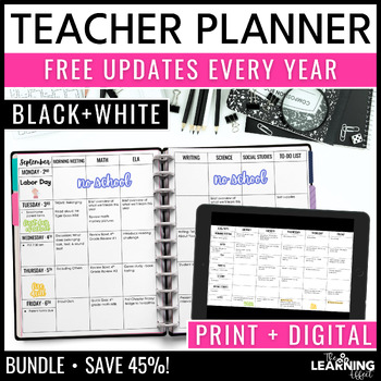 Preview of Editable Teacher Planner Binder Printable and Digital BUNDLE | Black & White