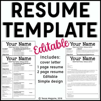 Preview of Editable Teacher Resume Template and Cover Letter Template- Sleek & Clean