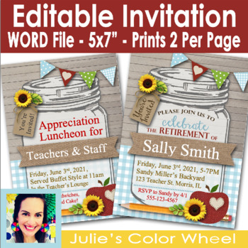 Preview of Editable Teacher Retirement Or Appreciation Luncheon Party Invitation for WORD