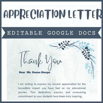Preview of Editable Teacher Thank you Appreciation Template | Google Docs End of year