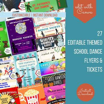 Preview of Editable Template for School Dance Flyers and Tickets For the Whole Year