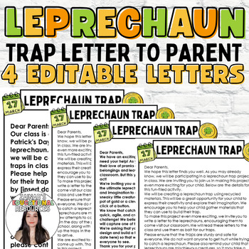 Preview of St Patrick's Day 4 Editable Leprechaun Trap Project Letters To Parents Activity