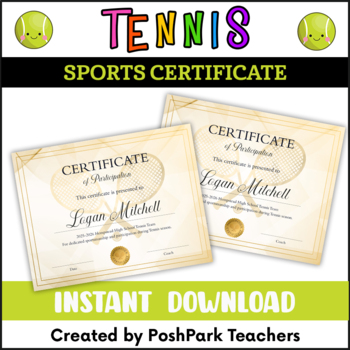 Preview of Editable Tennis Certificate Template with Photo of Tennis Racquets