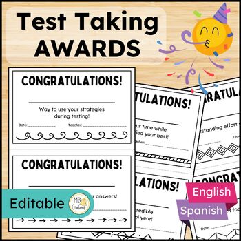 Preview of Editable Test Taking Awards & Student Celebration Certificates on PPT + Spanish