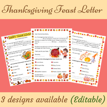 Preview of Editable Thanksgiving Feast Letter to Parents (3 Designs) - PowerPoint File