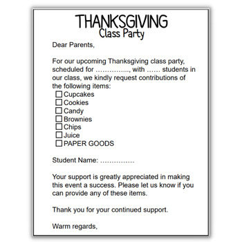Preview of Editable Thanksgiving Feast Letter to Parents - Class Party