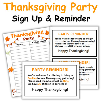 Preview of Editable Thanksgiving Party Sign Up Sheet & Reminder