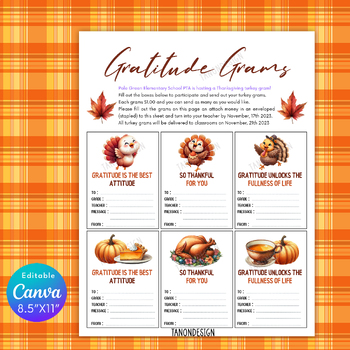 Preview of Editable Thanksgiving Gratitude Gram Template, School Candy Gram