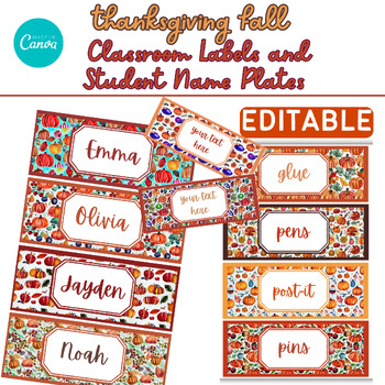 Preview of Editable Thanksgiving fall classroom Labels and Student Name Plates