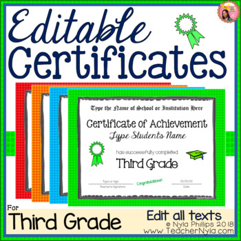 Preview of Editable Third Grade Certificates for Graduation - Bright Borders