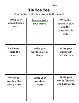 Preview of Editable Tic Tac Toe Spelling Homework in Spanish and English