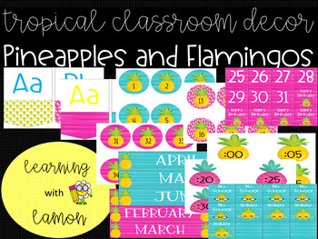 Preview of Editable Tropical *Pineapples and Flamingos* Classroom Decor Pack