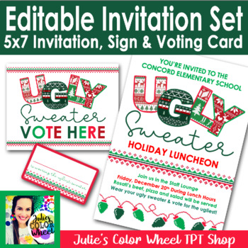 Preview of Editable Ugly Sweater Staff Holiday Christmas luncheon Party Invitation WORD