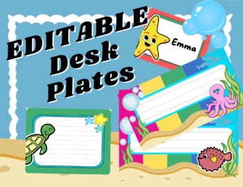 Preview of Editable Under the Sea classroom themed Desk Plates & name tags