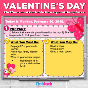 Preview of Editable VALENTINE Owl Themed Morning Work PowerPoint Templates