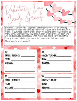 Preview of Editable Valentine Candy Gram Flyer and Form Fundraiser