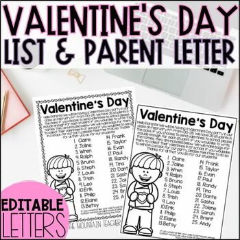 Preview of Editable Valentine's Day Class List and Parent Letter for Valentine's Day Party