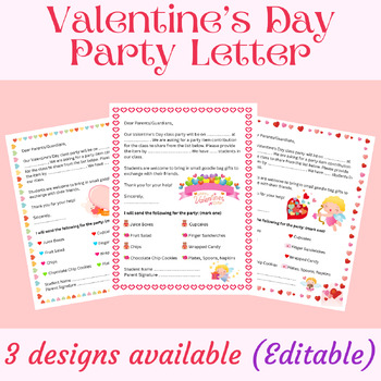 Editable Valentine's Day Party Letter to Parents (3 Designs) - Word File