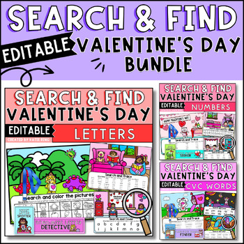 Preview of Editable Valentine's Day Search and Find Activity Bundle Math, Alphabet and CVC