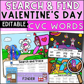 Preview of Editable Valentine's Day Search and Find Phonics Centers Practice - CVC Words