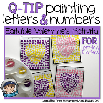 Preview of Editable Valentine's Math or Literacy Activity with Q-tips (prek & kindergarten)