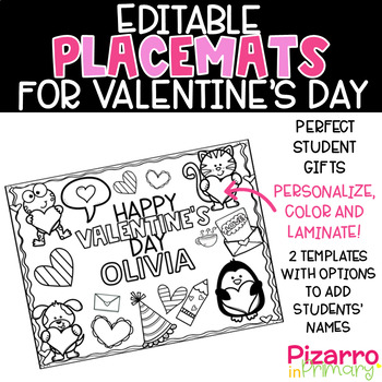 Preview of Editable Valentines Day Placemat, Valentines Coloring Placemat, Valentines Gift