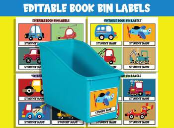 Preview of Editable Vehicle Book Bin Labels: 16 Customizable Designs for Classroom Decor