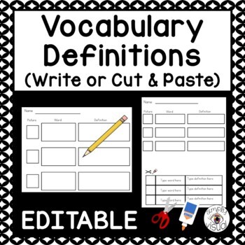 Preview of Editable Vocabulary Pictures, Words and Definitions Worksheets