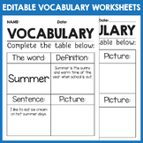 Editable Vocabulary Template: Word, Definition, Sentence, 