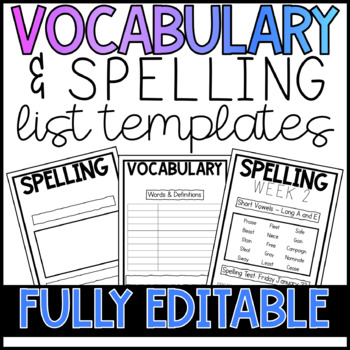 Preview of Editable Vocabulary and Spelling List Templates - PRINT & DIGITAL 