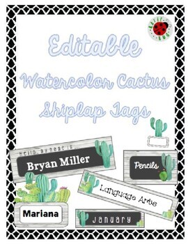 Preview of Editable Watercolor Cactus Name Plates, Name Tags, & Labels